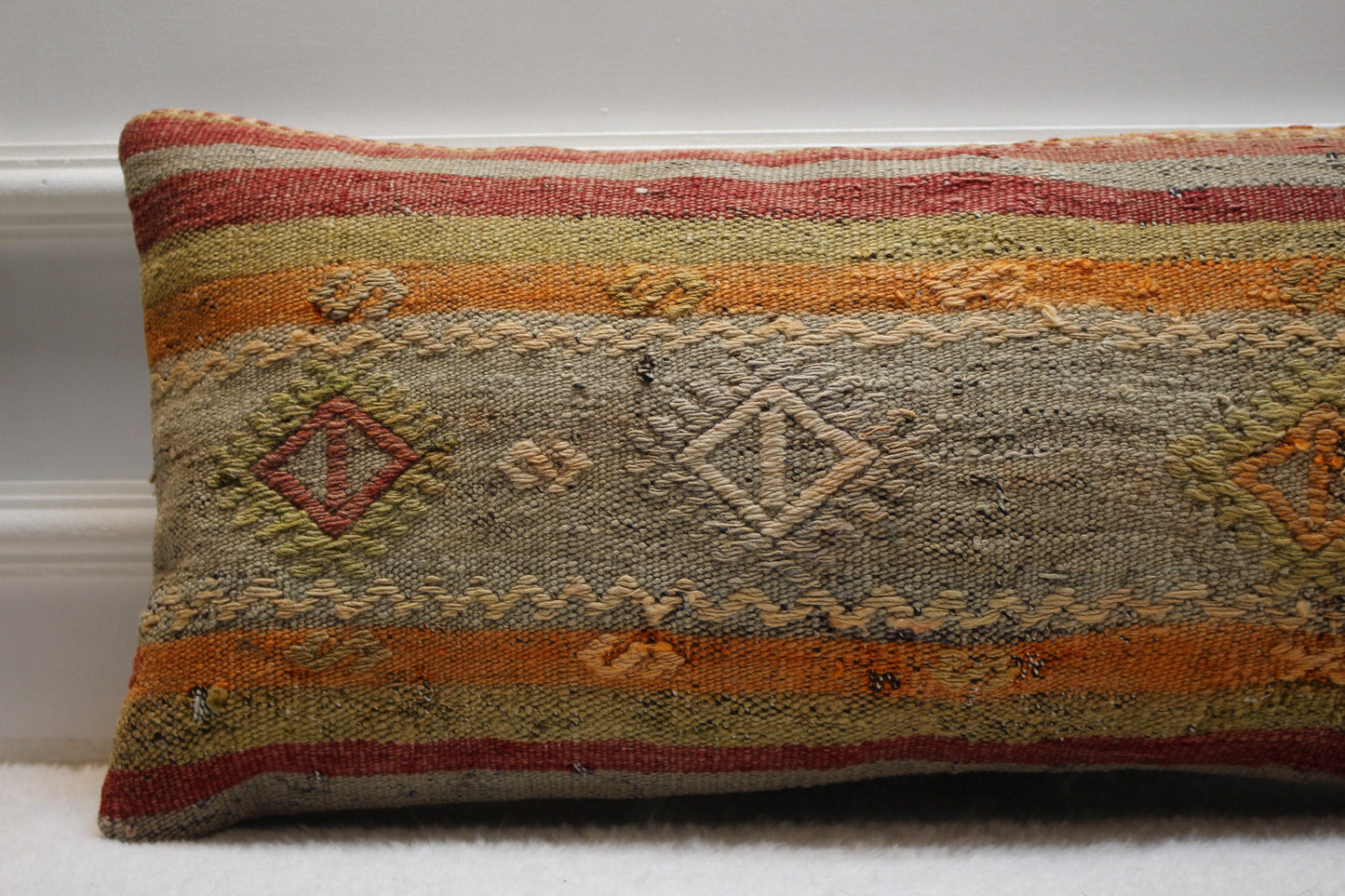 Handmade Kilim Pillow Cover: Upcycled Wool Rug, Bohemian Decor (12x24)