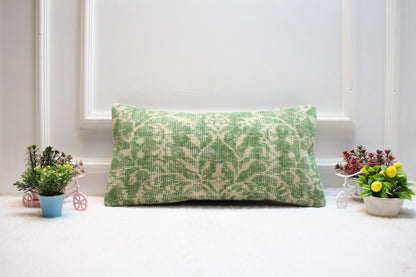 Handmade Kilim Pillow Cover: Upcycled Woven Rug, Green Beige (12X24 inc.)