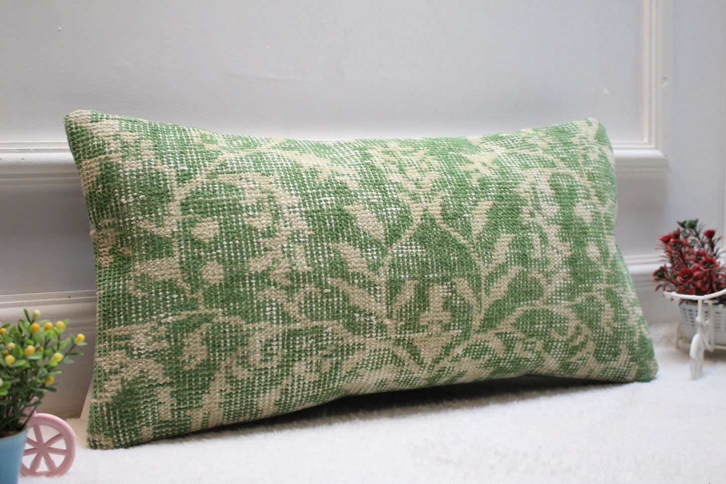 Handmade Kilim Pillow Cover: Upcycled Woven Rug, Green Beige (12X24 inc.)