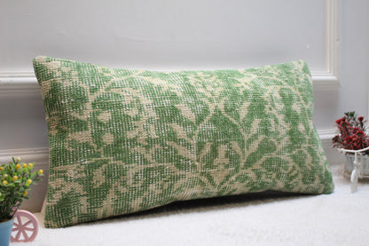 Handmade Kilim Pillow Cover: Upcycled Woven Rug, Green Beige (12X24 inc.)