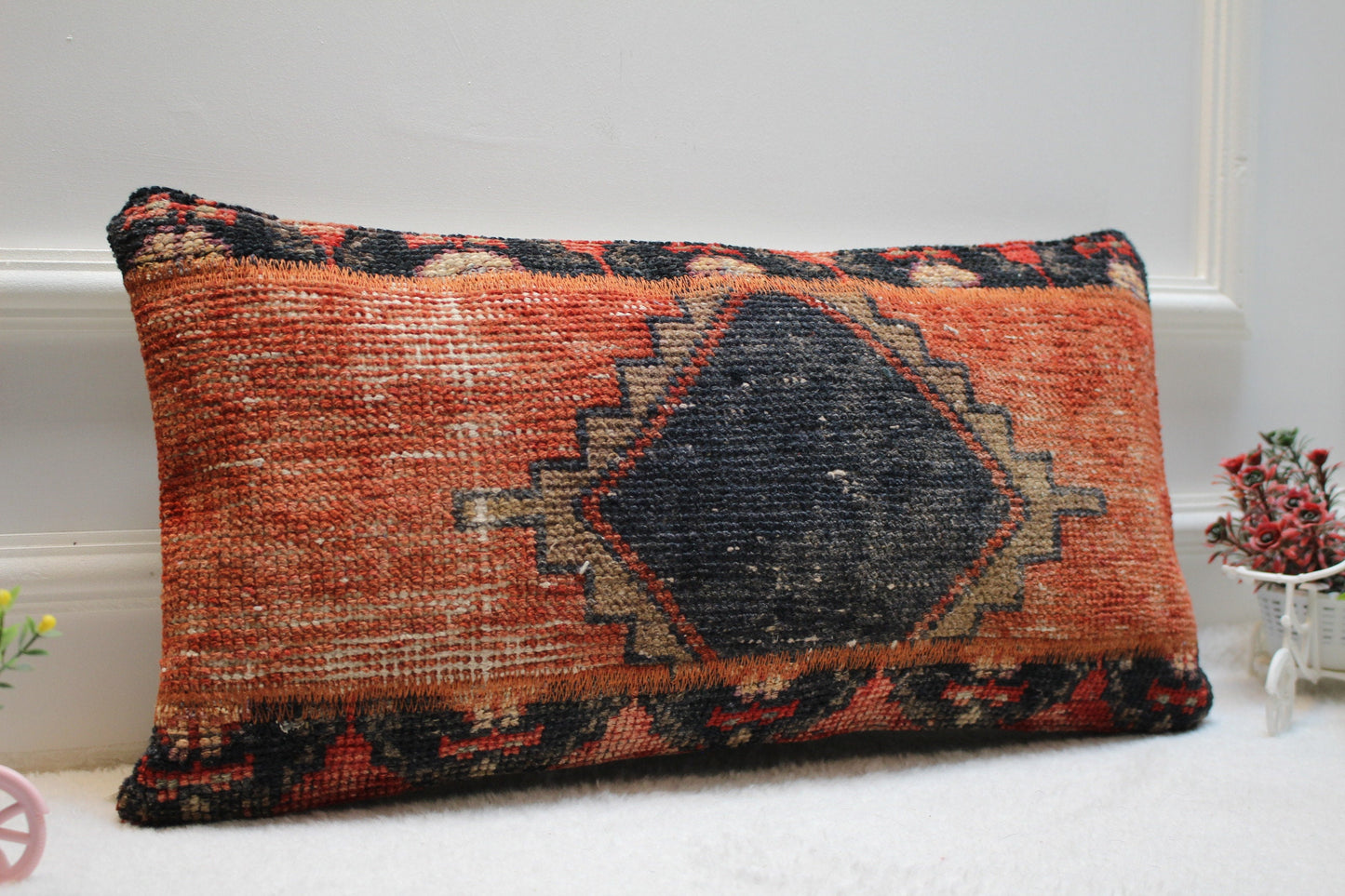 Handmade Kilim Lumbar Pillow Cover, Upcycled Turkish Rug, 12x24