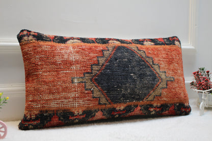 Handmade Kilim Lumbar Pillow Cover, Upcycled Turkish Rug, 12x24