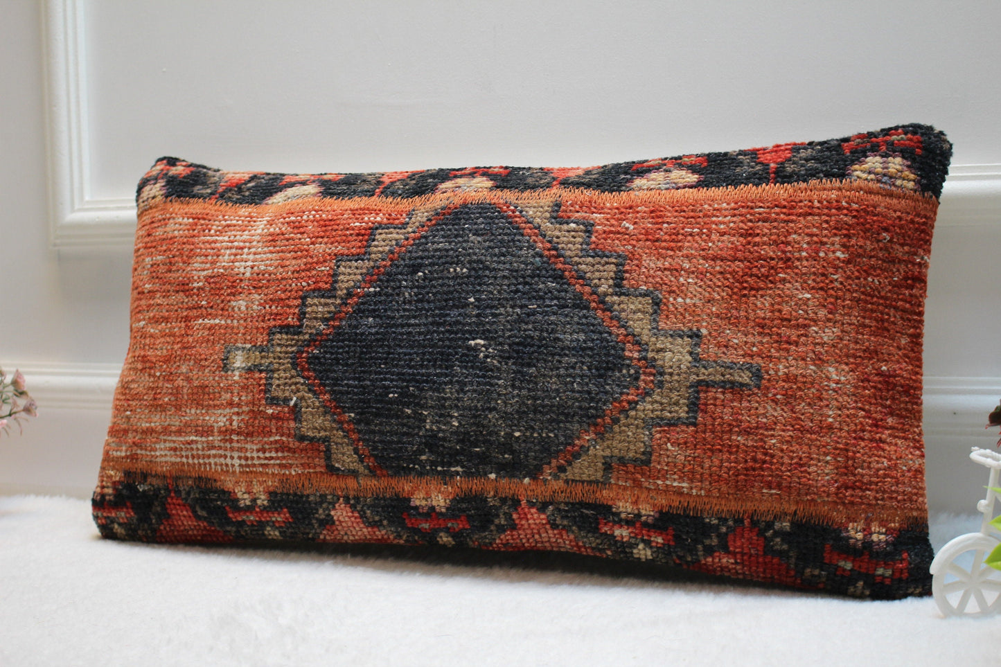 Handmade Kilim Lumbar Pillow Cover, Upcycled Turkish Rug, 12x24