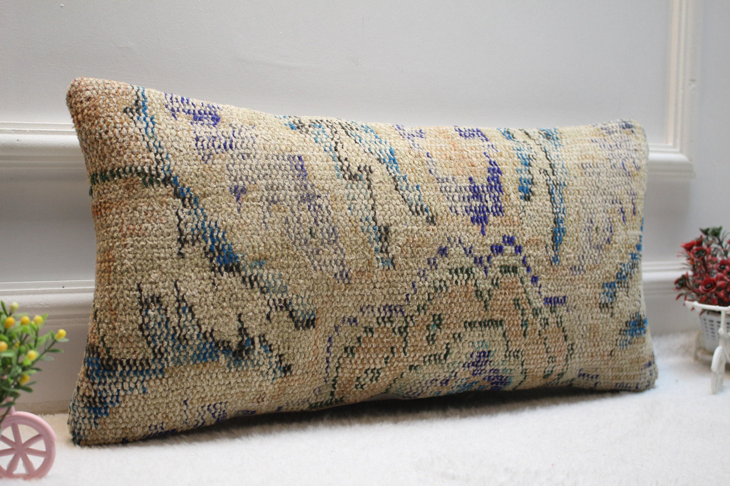 Handmade Kilim Pillow Cover: Upcycled Wool, Bohemian Accent (12x24)