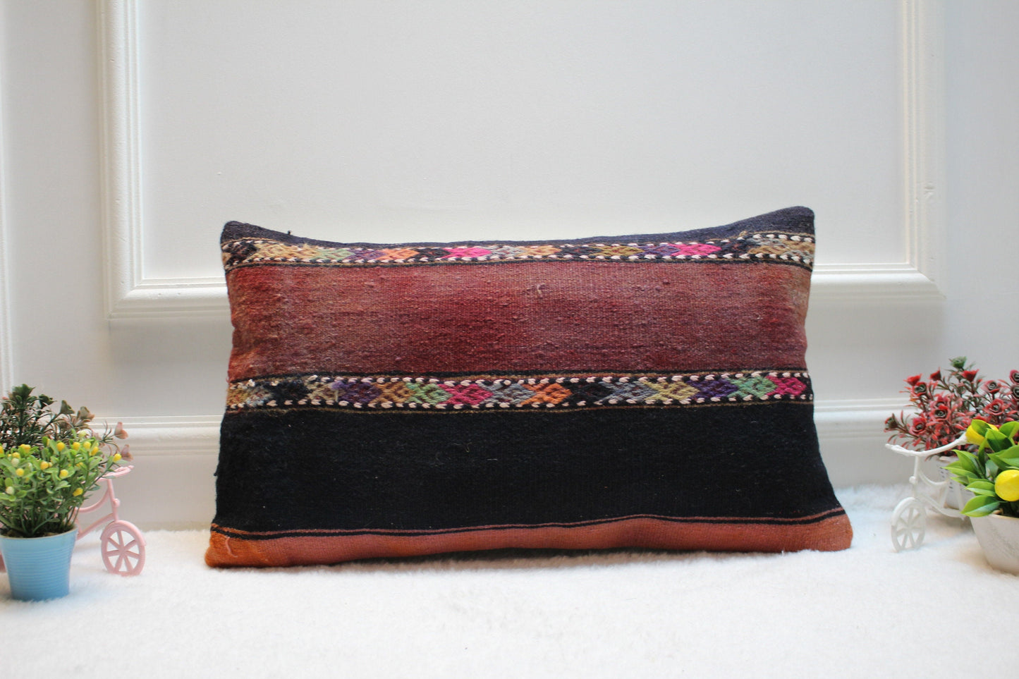 Handmade Kilim Pillow Cover: Upcycled Woven Rug, Bohemian Decor (12x24)
