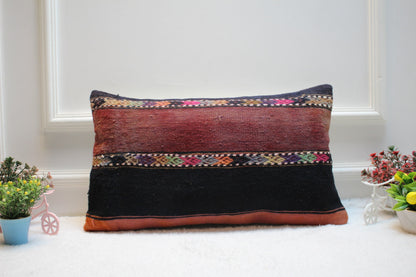 Handmade Kilim Pillow Cover: Upcycled Woven Rug, Bohemian Decor (12x24)