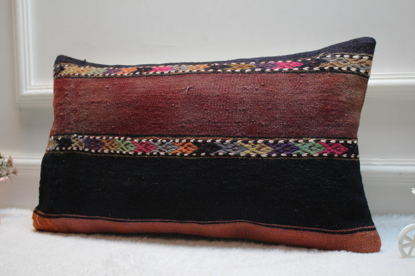 Handmade Kilim Pillow Cover: Upcycled Woven Rug, Bohemian Decor (12x24)