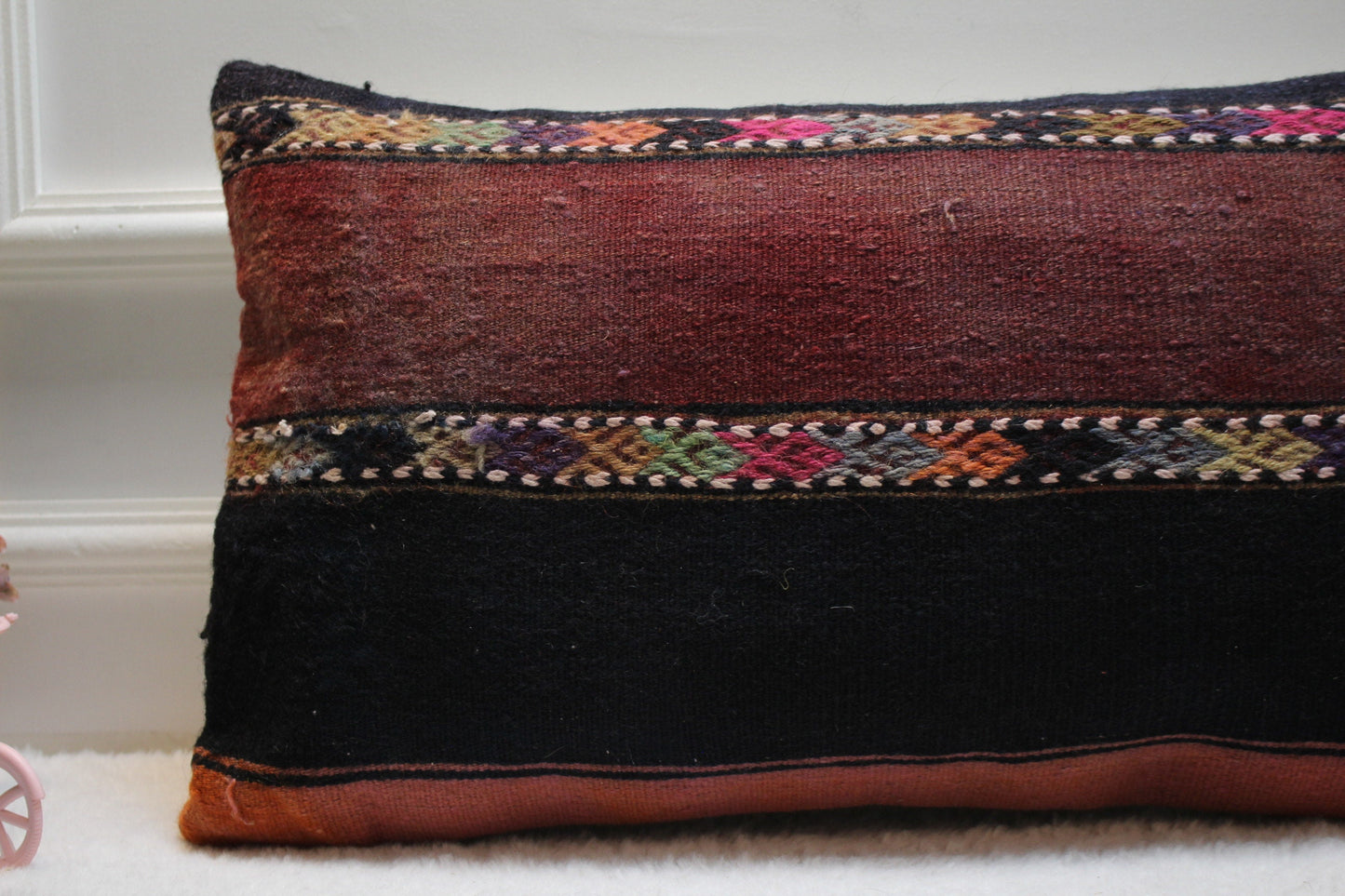 Handmade Kilim Pillow Cover: Upcycled Woven Rug, Bohemian Decor (12x24)