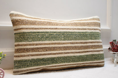 Handmade Kilim Pillow Cover: Upcycled Woven Rug, Green Beige (12x24 in)