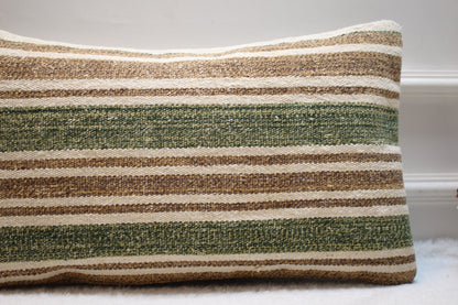 Handmade Kilim Pillow Cover: Upcycled Woven Rug, Green Beige (12x24 in)