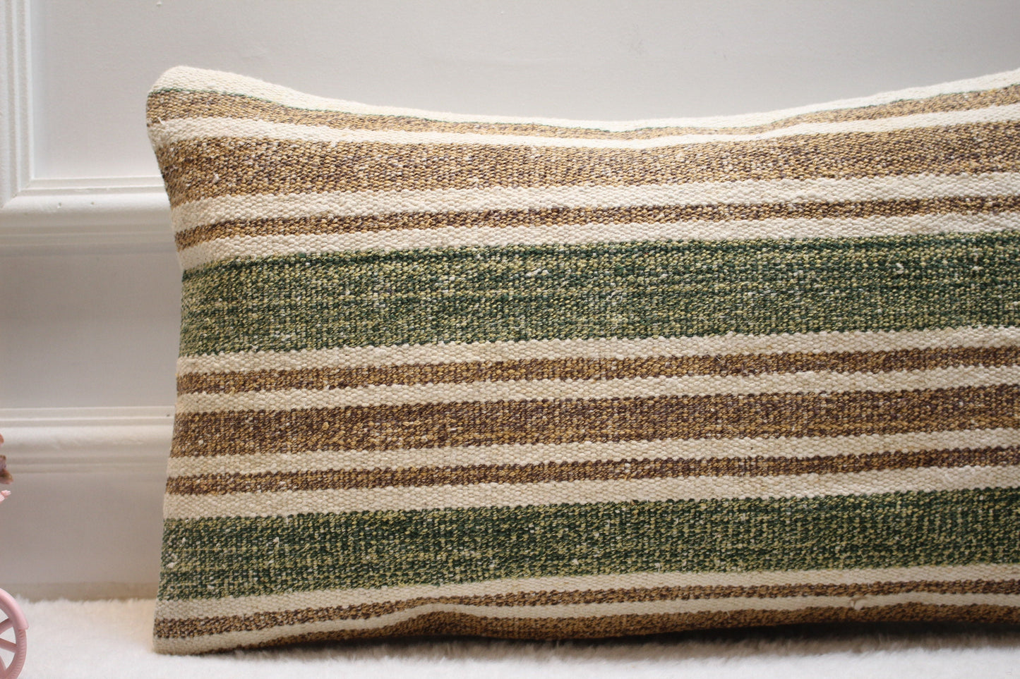 Handmade Kilim Pillow Cover: Upcycled Woven Rug, Green Beige (12x24 in)