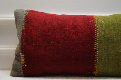 Handmade Kilim Pillow Cover: Upcycled Woven Rug, Red Green (12x24 Inc)