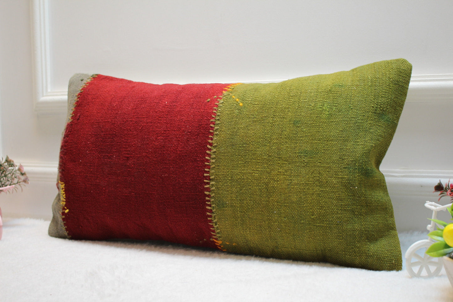 Handmade Kilim Pillow Cover: Upcycled Woven Rug, Red Green (12x24 Inc)