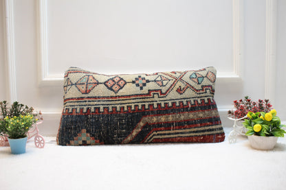 Handmade Kilim Pillow Cover: Upcycled Turkish Rug, Blue & Beige (12x24 in)