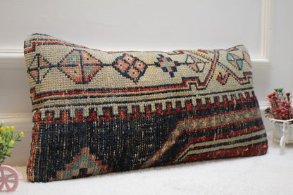 Handmade Kilim Pillow Cover: Upcycled Turkish Rug, Blue & Beige (12x24 in)