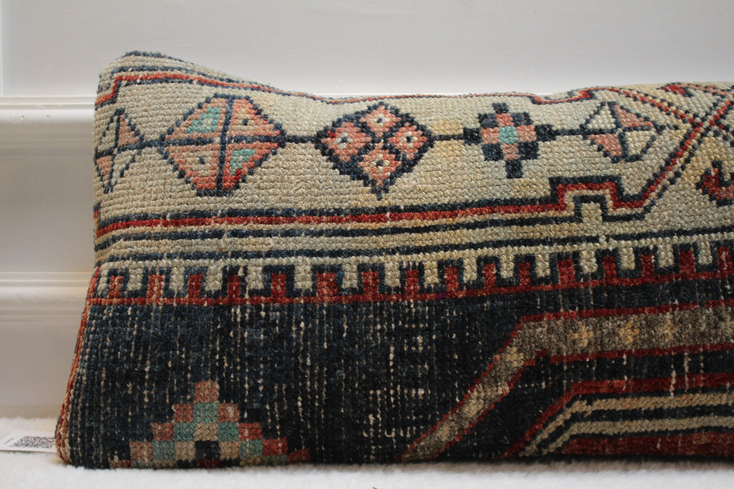 Handmade Kilim Pillow Cover: Upcycled Turkish Rug, Blue & Beige (12x24 in)