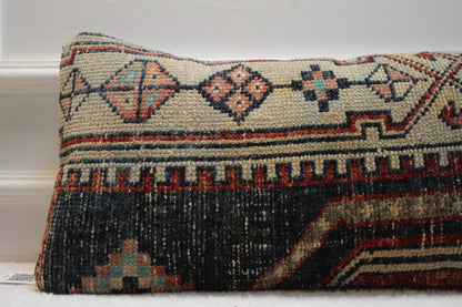 Handmade Kilim Pillow Cover: Upcycled Turkish Rug, Blue & Beige (12x24 in)
