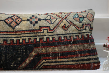 Handmade Kilim Pillow Cover: Upcycled Turkish Rug, Blue & Beige (12x24 in)