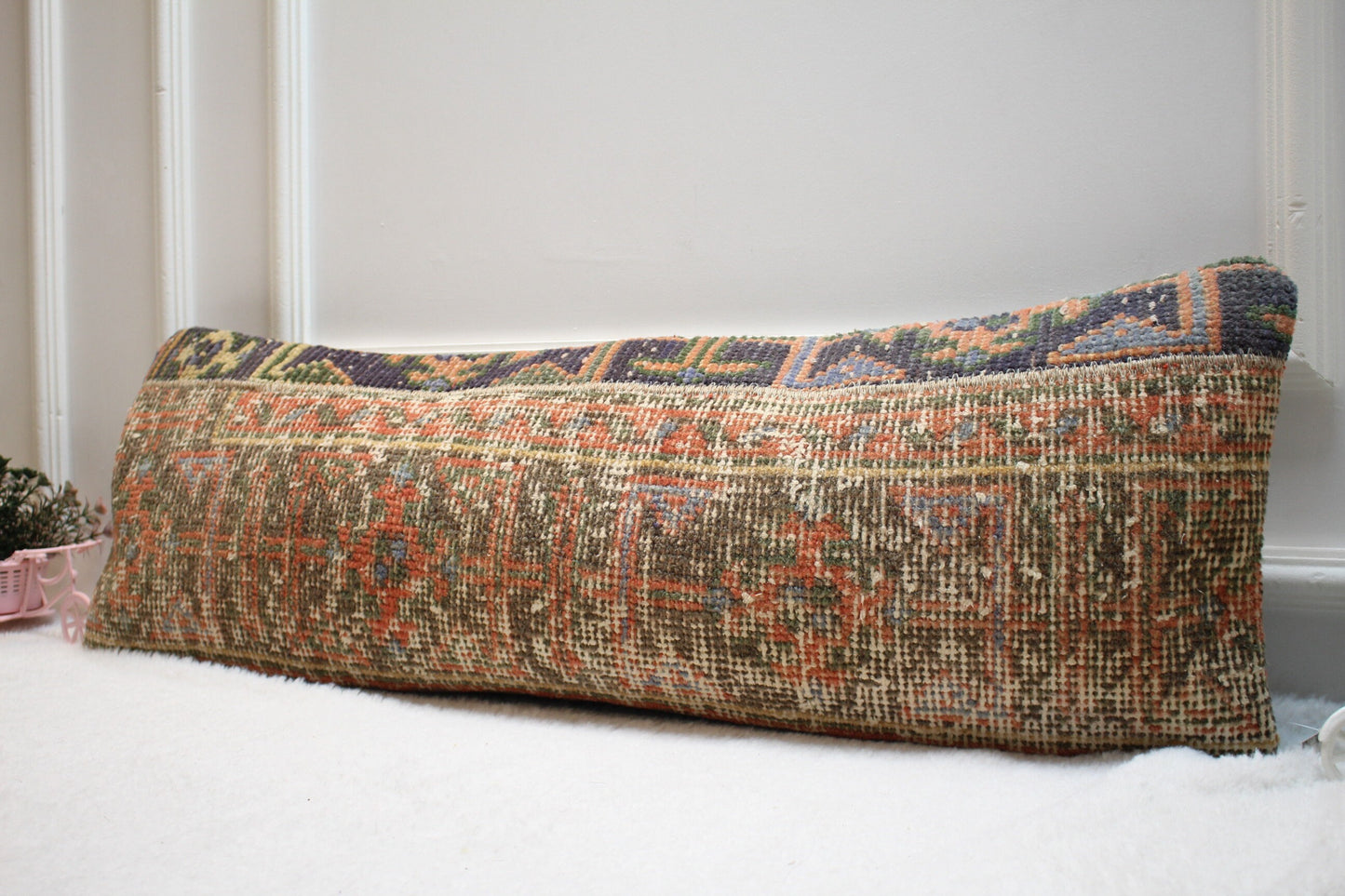 Vintage Turkish Rug Lumbar Pillow Cover: Handmade Organic Wool, 12x36 in