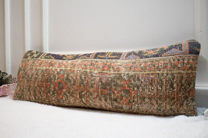 Vintage Turkish Rug Lumbar Pillow Cover: Handmade Organic Wool, 12x36 in