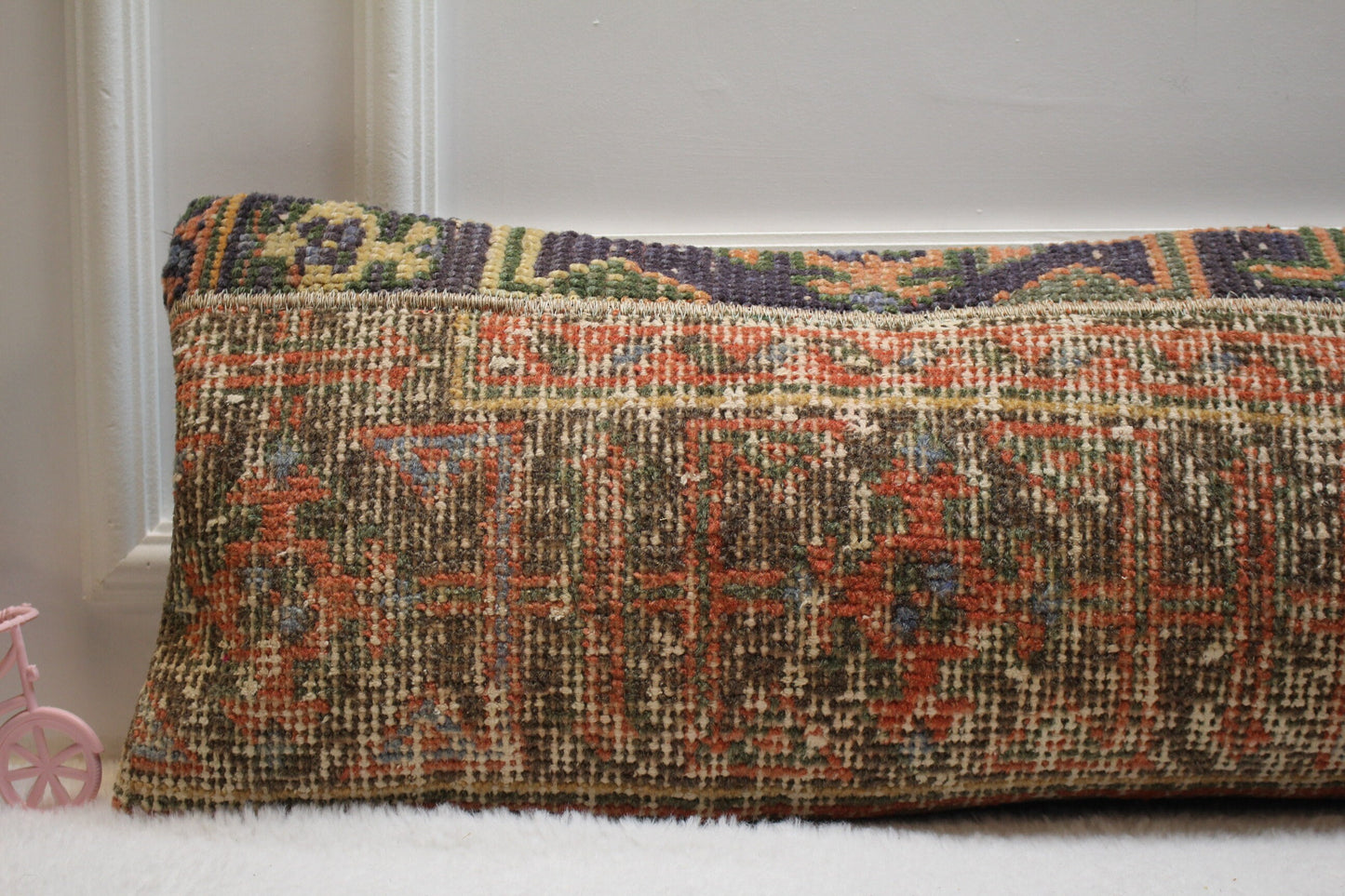 Vintage Turkish Rug Lumbar Pillow Cover: Handmade Organic Wool, 12x36 in