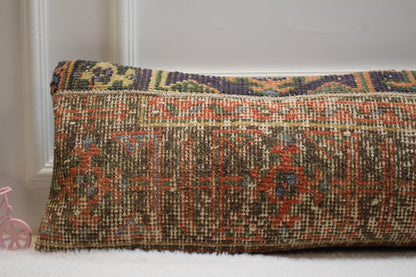 Vintage Turkish Rug Lumbar Pillow Cover: Handmade Organic Wool, 12x36 in