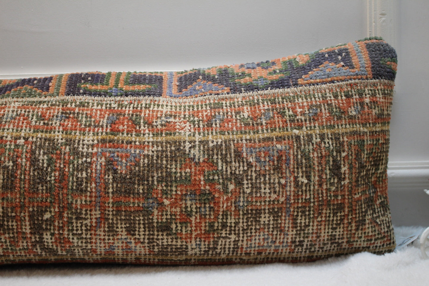 Vintage Turkish Rug Lumbar Pillow Cover: Handmade Organic Wool, 12x36 in