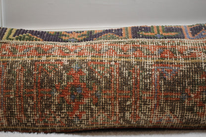 Vintage Turkish Rug Lumbar Pillow Cover: Handmade Organic Wool, 12x36 in