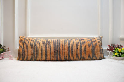 Orange Gray Kilim Pillow Cover: Handmade Organic Wool Lumbar Pillow (12x36 in)