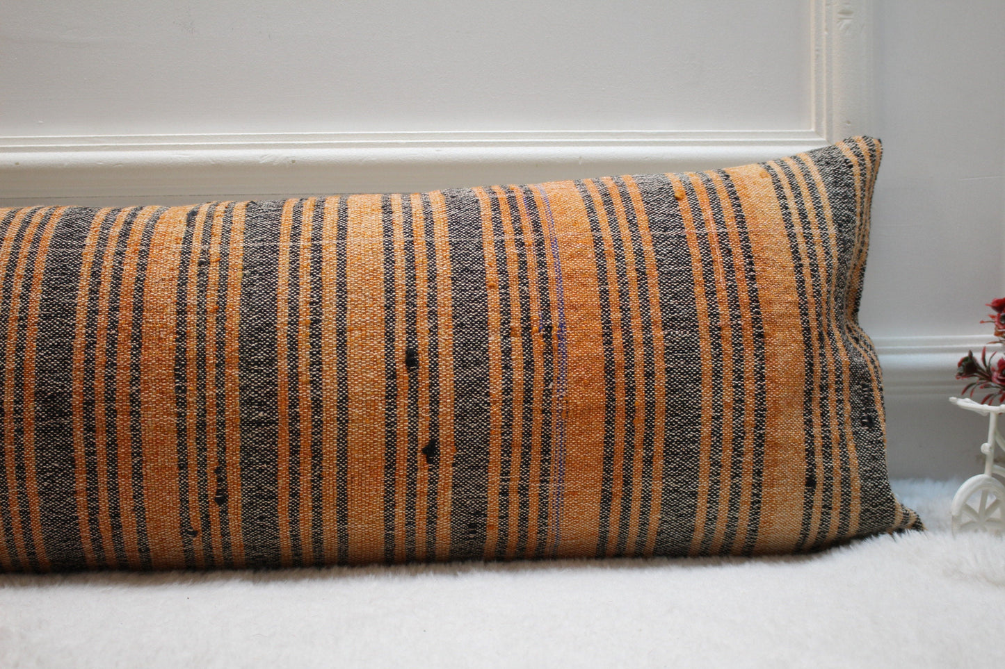 Orange Gray Kilim Pillow Cover: Handmade Organic Wool Lumbar Pillow (12x36 in)
