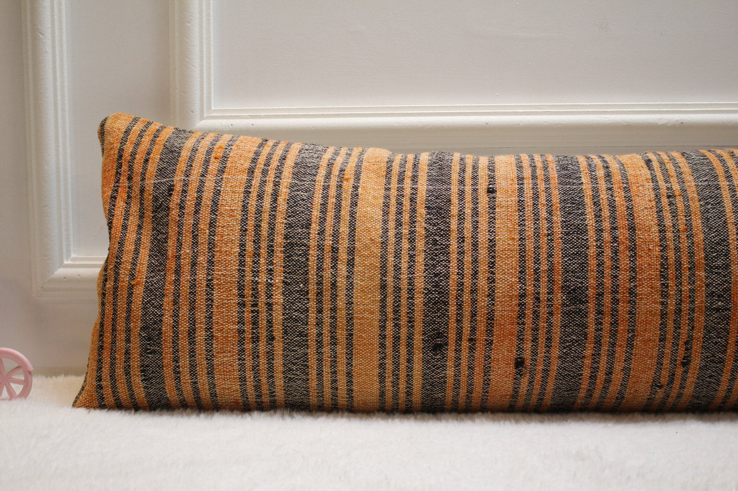 Orange Gray Kilim Pillow Cover: Handmade Organic Wool Lumbar Pillow (12x36 in)