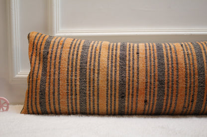 Orange Gray Kilim Pillow Cover: Handmade Organic Wool Lumbar Pillow (12x36 in)