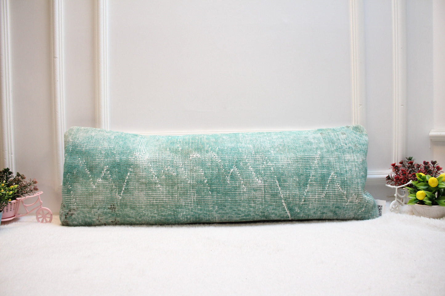 Vintage Turkish Rug Pillow Cover: Upcycled Organic Wool Lumbar Cushion (12x36 inc.)