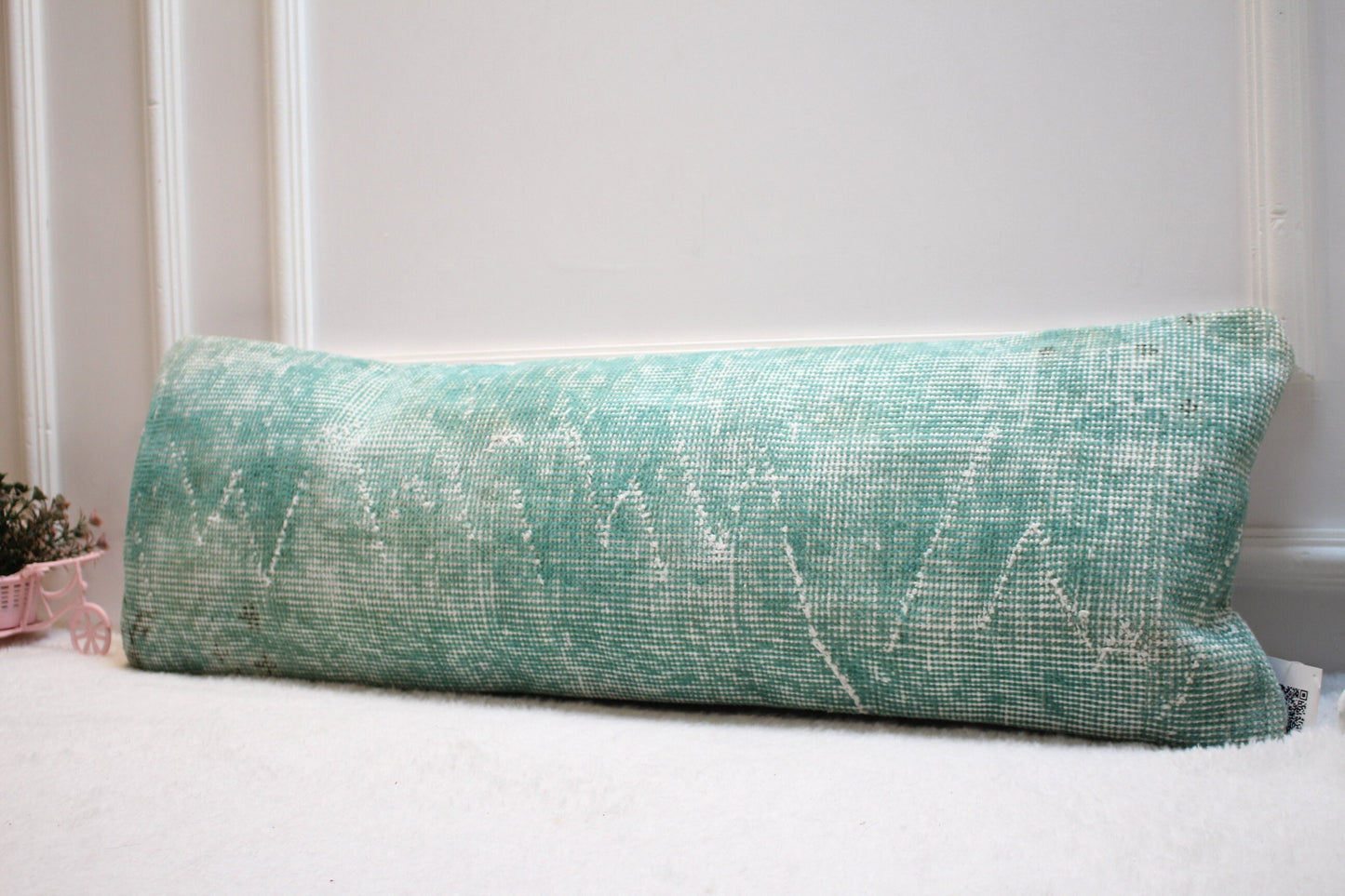 Vintage Turkish Rug Pillow Cover: Upcycled Organic Wool Lumbar Cushion (12x36 inc.)