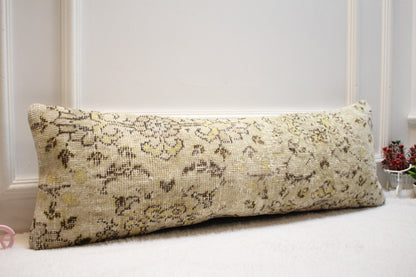 Floral Kilim Lumbar Pillow Cover: Organic Wool Turkish Rug, 12x36 inch