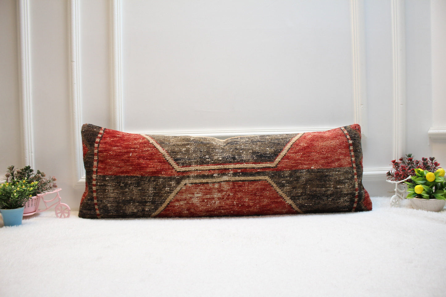 Handmade Turkish Kilim Pillow Cover: Red Black Lumbar Pillow (12x36 in)