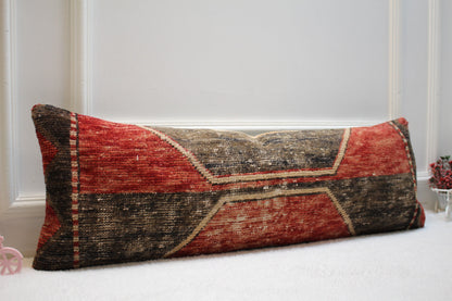 Handmade Turkish Kilim Pillow Cover: Red Black Lumbar Pillow (12x36 in)