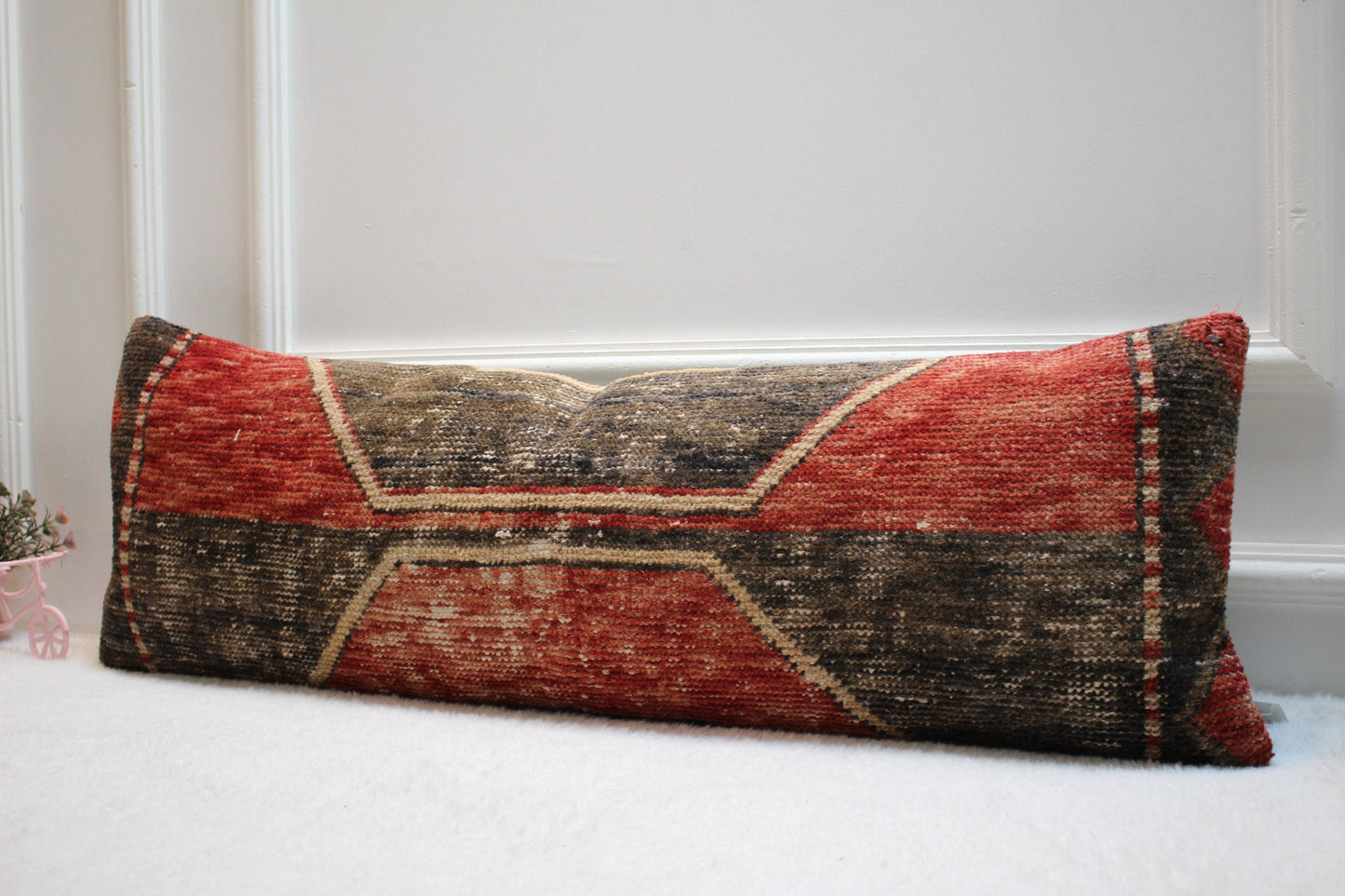 Handmade Turkish Kilim Pillow Cover: Red Black Lumbar Pillow (12x36 in)
