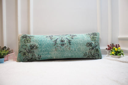 Blue Turkish Rug Lumbar Pillow Cover: Handmade Woven Wool, 12x36 in