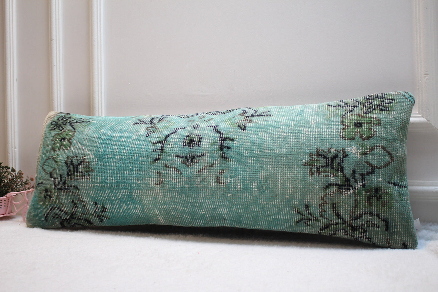 Blue Turkish Rug Lumbar Pillow Cover: Handmade Woven Wool, 12x36 in
