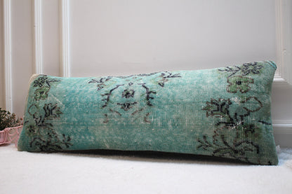 Blue Turkish Rug Lumbar Pillow Cover: Handmade Woven Wool, 12x36 in