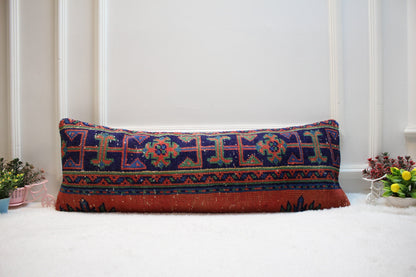 Handmade Geometric Kilim Lumbar Pillow Cover: Upcycled Turkish Rug, 12x36 inch