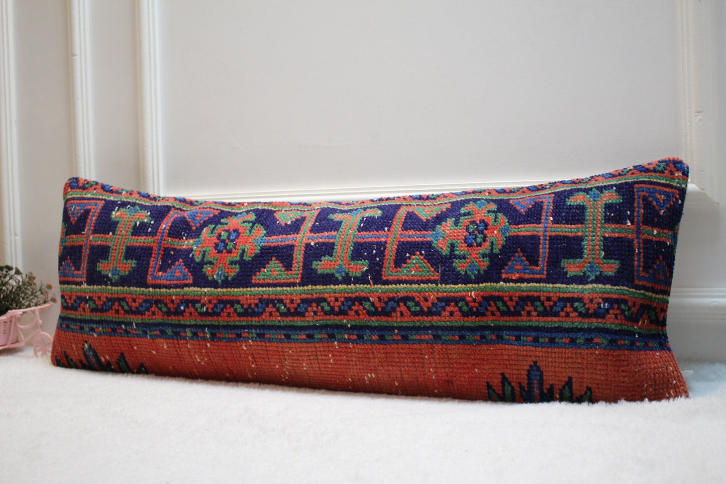 Handmade Geometric Kilim Lumbar Pillow Cover: Upcycled Turkish Rug, 12x36 inch