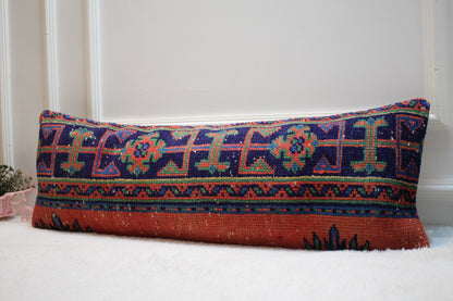Handmade Geometric Kilim Lumbar Pillow Cover: Upcycled Turkish Rug, 12x36 inch
