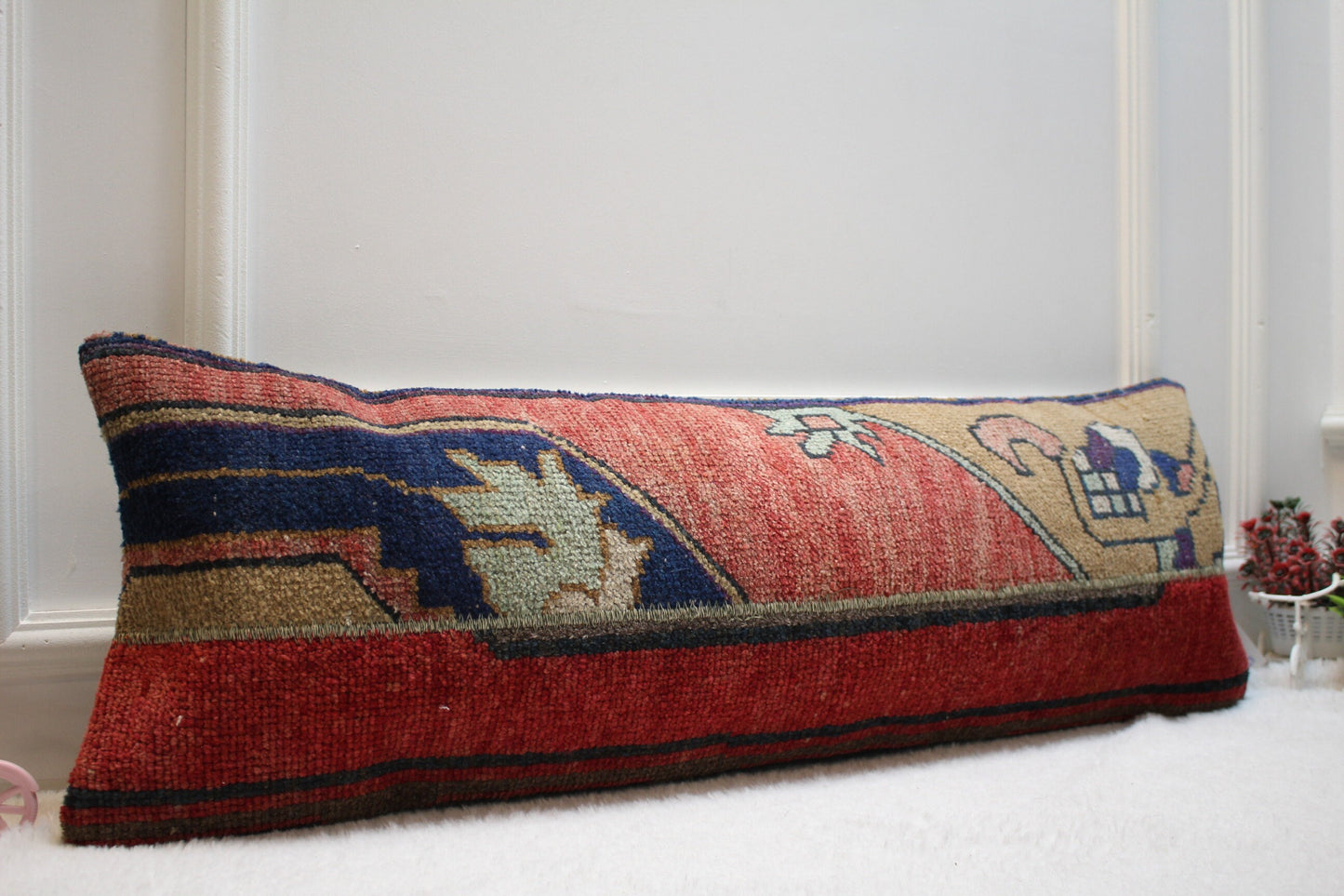 Handmade Red Kilim Lumbar Pillow Cover: Vintage Turkish Rug, 12x36 inch