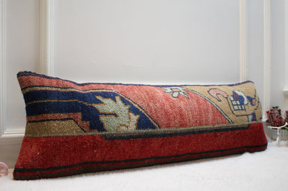 Handmade Red Kilim Lumbar Pillow Cover: Vintage Turkish Rug, 12x36 inch