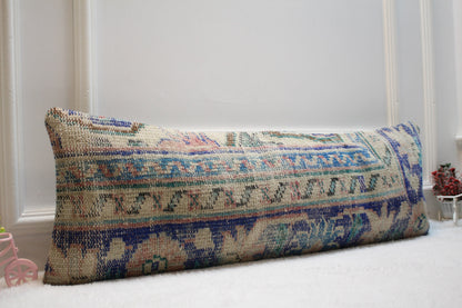 Handmade Blue Kilim Lumbar Pillow Cover: Upcycled Rug, 12x36 inc
