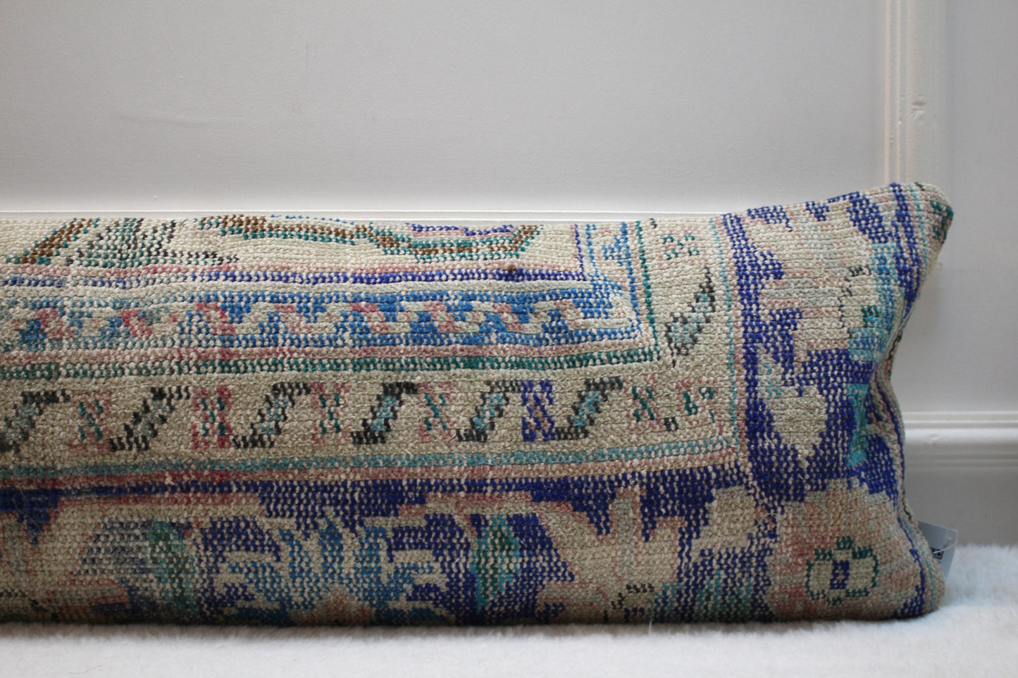 Handmade Blue Kilim Lumbar Pillow Cover: Upcycled Rug, 12x36 inc