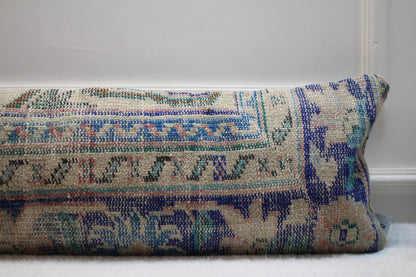 Handmade Blue Kilim Lumbar Pillow Cover: Upcycled Rug, 12x36 inc