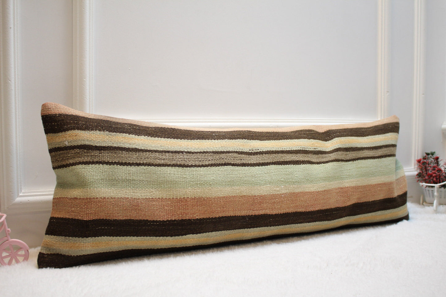 Handmade Striped Kilim Lumbar Pillow Cover: Organic Wool, 12x36 inch